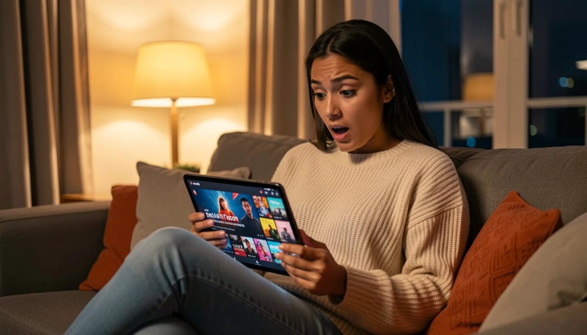 Mulher surpresa ao descobrir séries escondidas no streaming
