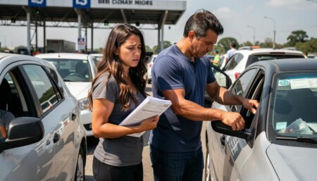 Casal brasileiro conferindo documentos do carro antes de viajar para outro país