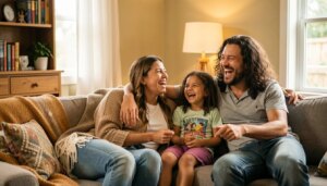 Família brasileira rindo no sofá durante sessão de cinema em casa
