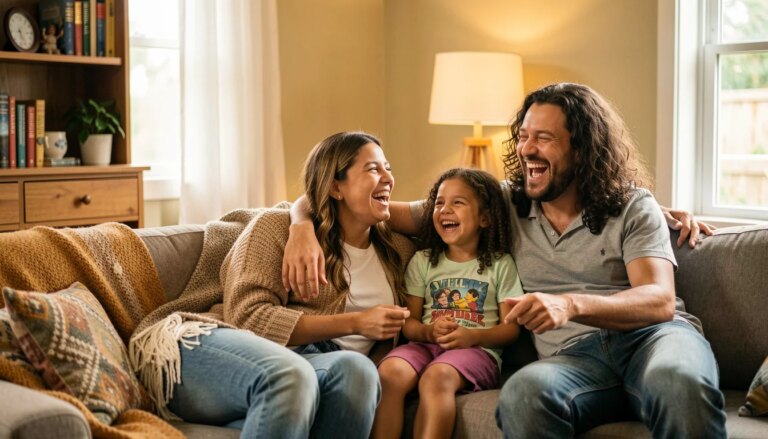 Família brasileira rindo no sofá durante sessão de cinema em casa