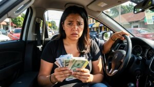 Carro próprio: quais são os principais custos além do preço de compra? Mulher preocupada com custos do carro próprio segurando contas e dinheiro dentro do veículo