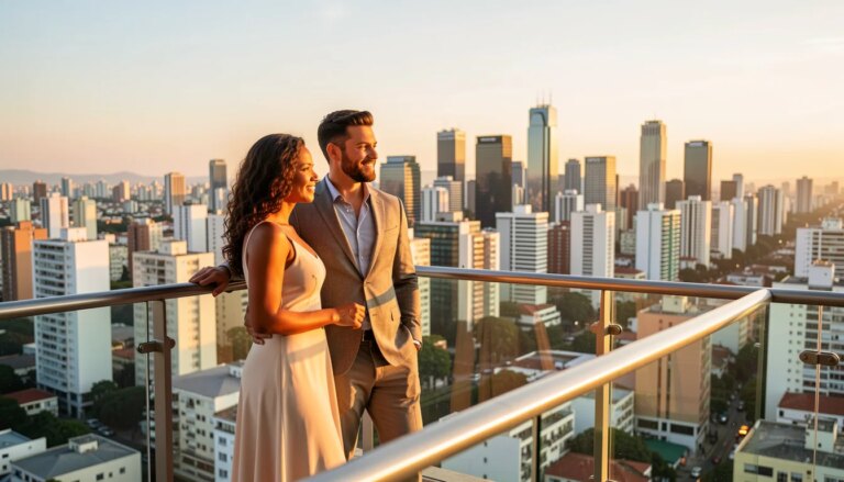 Casal em varanda de alto padrão com vista para São Paulo ao pôr do sol