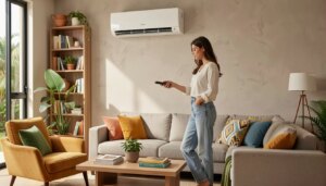 Mulher ajustando ar-condicionado na sala para economizar energia