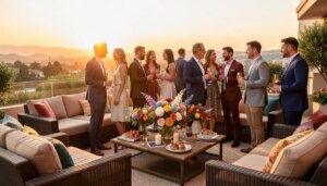 Festa de aniversário adulto elegante ao ar livre com convidados brindando ao pôr do sol