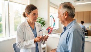 Médico especialista explicando exame de colonoscopia para paciente em consultório