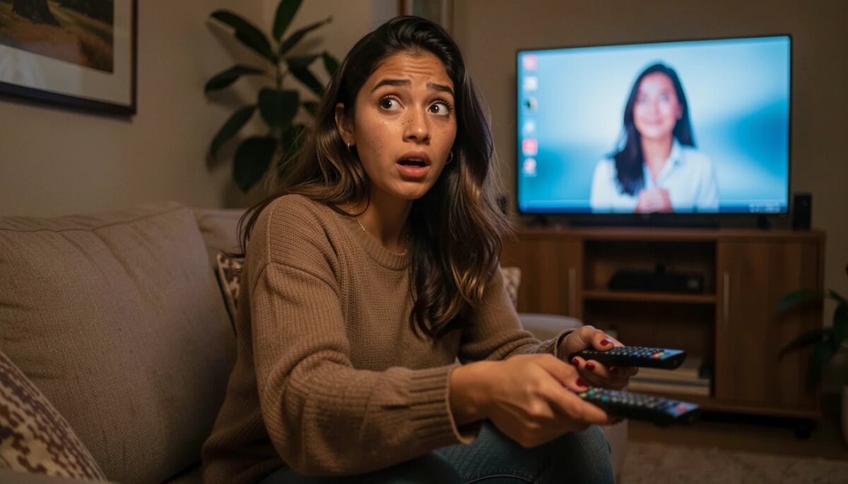 Mulher surpresa assistindo séries de setembro de 2016 na TV